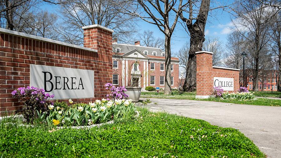 Berea College sign on campus in the spring